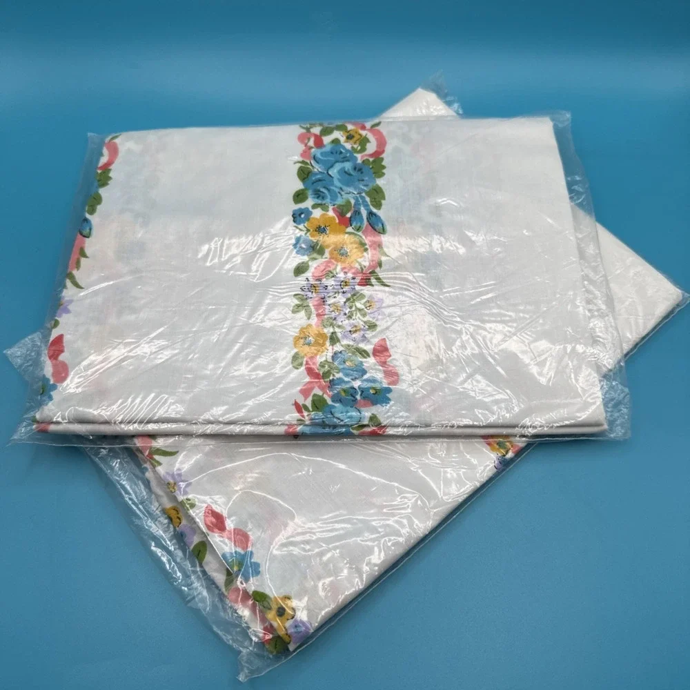 Vintage 60s Standard Pillow Protector Zippered Cotton Blend Floral Stripes Set 2